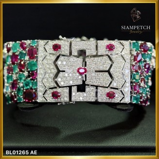 สร้อยข้อมือเพชรหน้ากว้าง สี 100 ประดับ มรกตและทับทิมดีไซน์สวยหรู BL01265