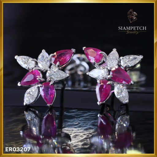 ต่างหูเพชร mix shape สี100 ประดับทับทิม ER03207