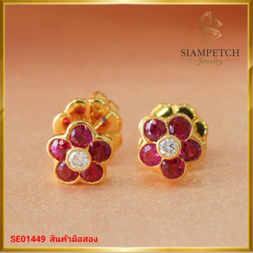 ต่างหูทับทิม รูปดอกไม้ ประดับเพชรสี 99 SE01449