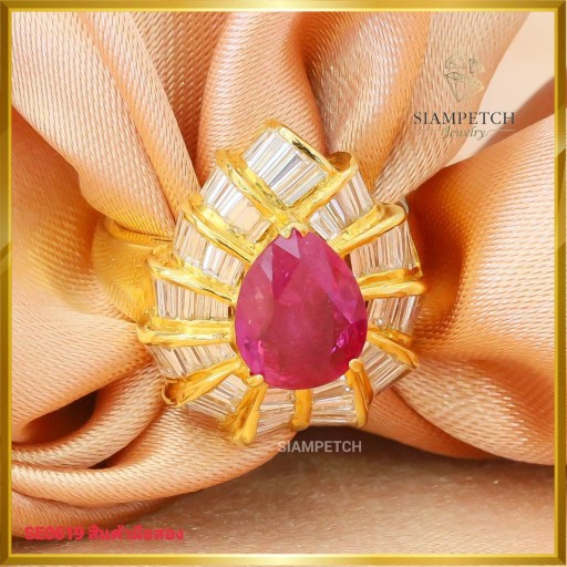 แหวนเพชรสี97 ฝังทับทิมทรงหยดน้ำ ฝังบนตัวเรือนทอง18K SE0619