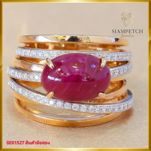 แหวนเพชรแท้ ประดับทับทิมพม่า ทรงหน้ากว้าง ดีไซน์ สุดเก๋ ฝังบนตัวเรือน ทองพิงค์โกล์ด 18K SE01527