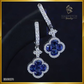 ต่างหูห่วงไพลิน ดีไซน์ดอกไม้ ระย้า ฝังบนตัวเรือนทองคำขาว 18K ER03278