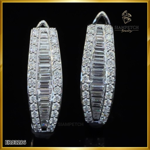 ต่างหูห่วงเพชรบาเก็ต เพชรแท้สี100 ฝังบนตัวเรือนทองคำขาว 18K ER03286