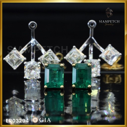 ต่างหูเพชรแท้ mix shape ใบเซอร์ GIA ประดับด้วยมรกตน้ำงาม ER03294