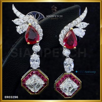 ต่างหูเพชรแท้ Asscher Cut สี 97 ใบเซอร์ HRD ประดับด้วยทับทิมน้ำงามดีไซน์ร่วมสมัย ER03296
