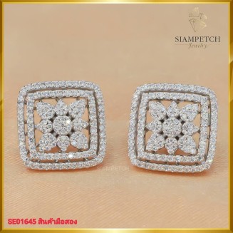 ต่างหูเพชรแท้  2in1 ดีไซน์ทรงหน้ากว้าง ฝังตัวเรือนทองคำขาว 18K SE01645