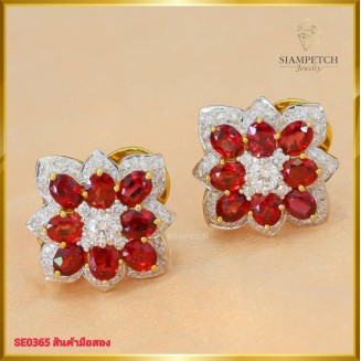 ต่างหูเพชรแท้ สี100 ประดับทับทิม (Tanzania) ฝังตัวเรือนทอง18K SE0365