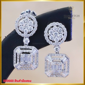 ต่างหูเพชรแท้ สี100 ดีไซน์ระย้า สุดเก๋ ตัวเรือนทองคำขาว 18K SE0660