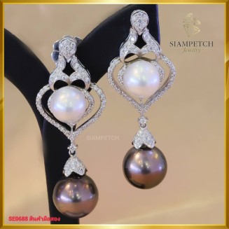ต่างหูมุก ประดับเพชรแท้ ดีไซน์ระย้า ตัวเรือนทองคำขาว 14K SE0688